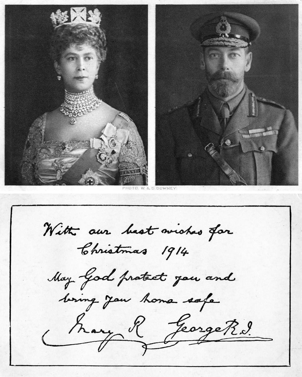 1914: King George V and his wife, Mary, sent these stoic portraits to British troops to send their "best wishes for Christmas."