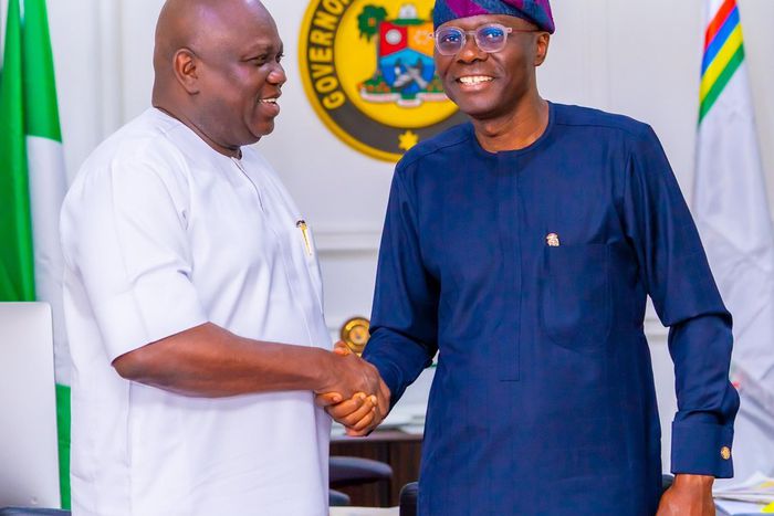 Former Lagos State Governor, Akinwunmi Ambode and Governor Babajide Sanwo-Olu.