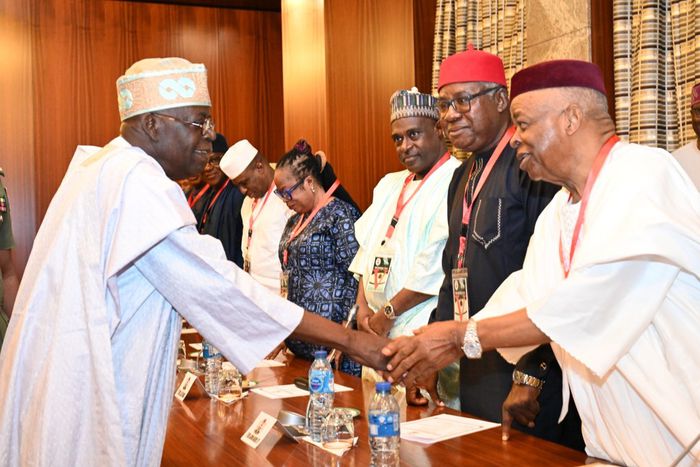 President Bola Tinubu and members of the Forum of Former Presiding Officers of the National Assembly, led by former Senate President, Mr Ken Nnamani, at the Presidential Villa, Abuja, on Friday [Presidency]
