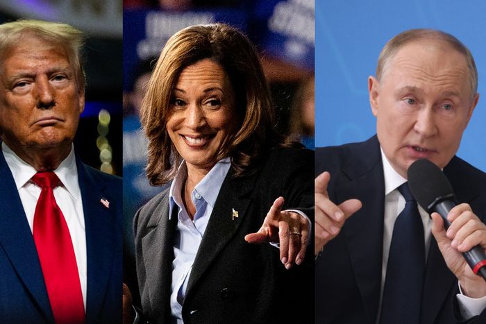 L-R: Donald Trump, Kamala Harris and Vladimir Putin. [Getty Images]
