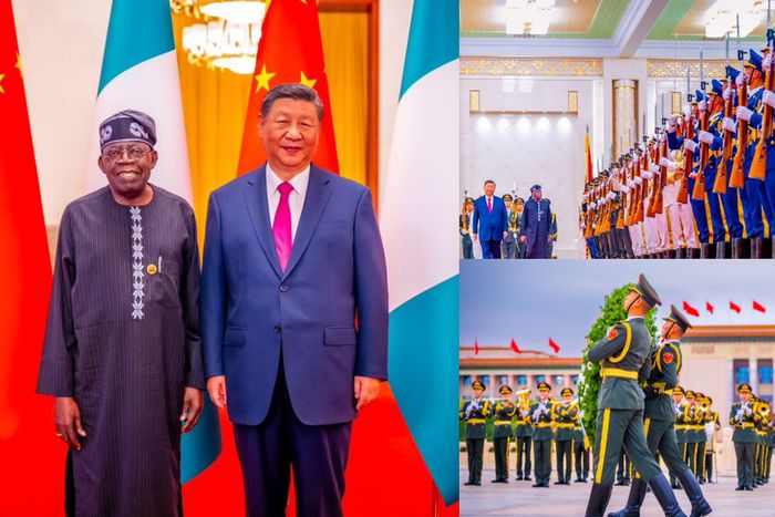 President Bola Tinubu was given a guard of honour as he was welcomed by Chinese President Xi Jinping. [X, formerly Twitter]