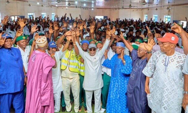 Gov. Aiyedatiwa in the midst of members and leaders of the NURTW [NAN]