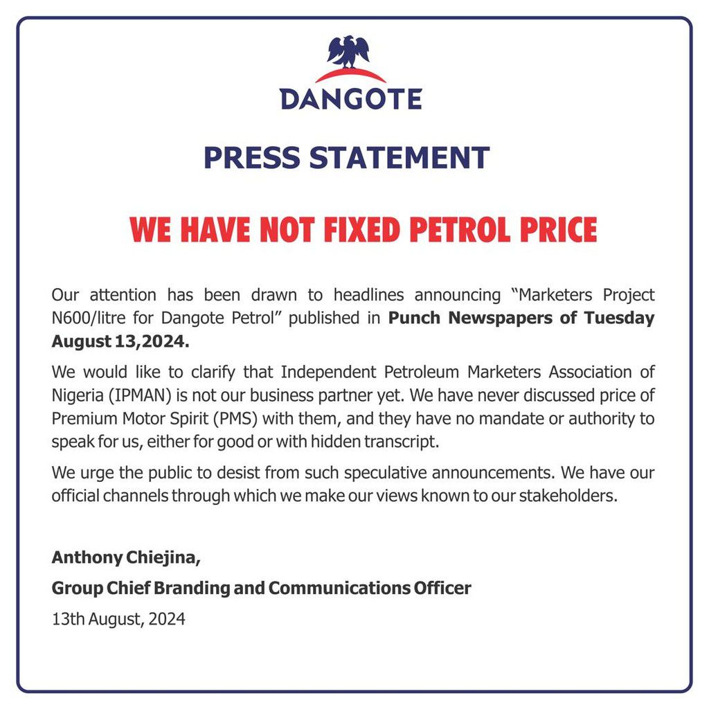 Dangote Refinery Statement.