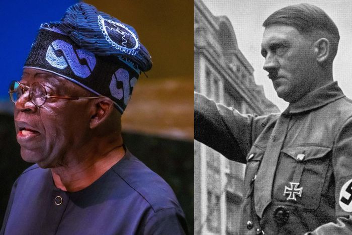 Bola Tinubu donning his iconic cap and Adolf Hitler donning a uniform with the Swastika symbol. [Facebook/Getty Images]