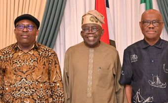 L-R: The suspended governor of Rivers State, Siminalayi Fubara, President Bola Tinubu and FCT Minister, Nyesom Wike. [X, formerly Twitter/Imran Muhammad]