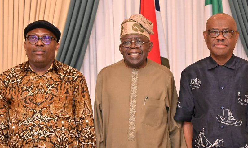 L-R: The suspended governor of Rivers State, Siminalayi Fubara, President Bola Tinubu and FCT Minister, Nyesom Wike. [X, formerly Twitter/Imran Muhammad]