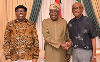 L-R: The suspended governor of Rivers State, Siminalayi Fubara, President Bola Tinubu and FCT Minister, Nyesom Wike. [X, formerly Twitter/Imran Muhammad]