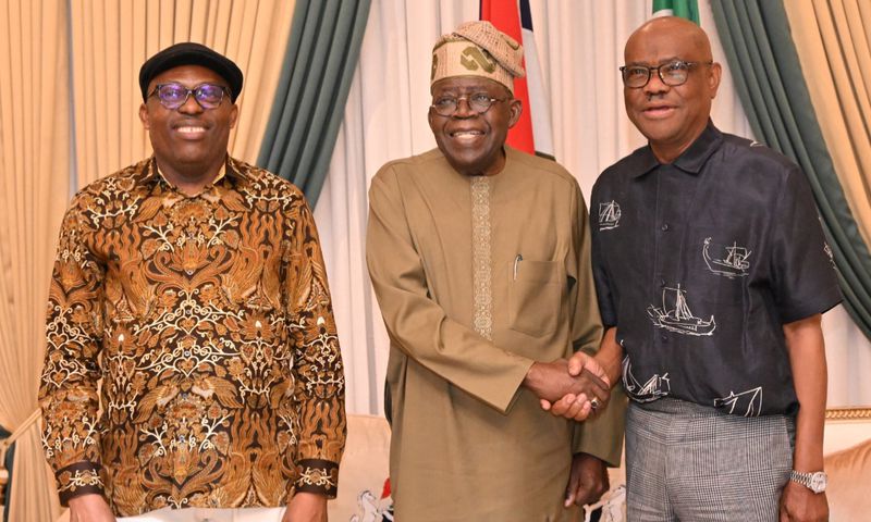 L-R: The suspended governor of Rivers State, Siminalayi Fubara, President Bola Tinubu and FCT Minister, Nyesom Wike. [X, formerly Twitter/Imran Muhammad]