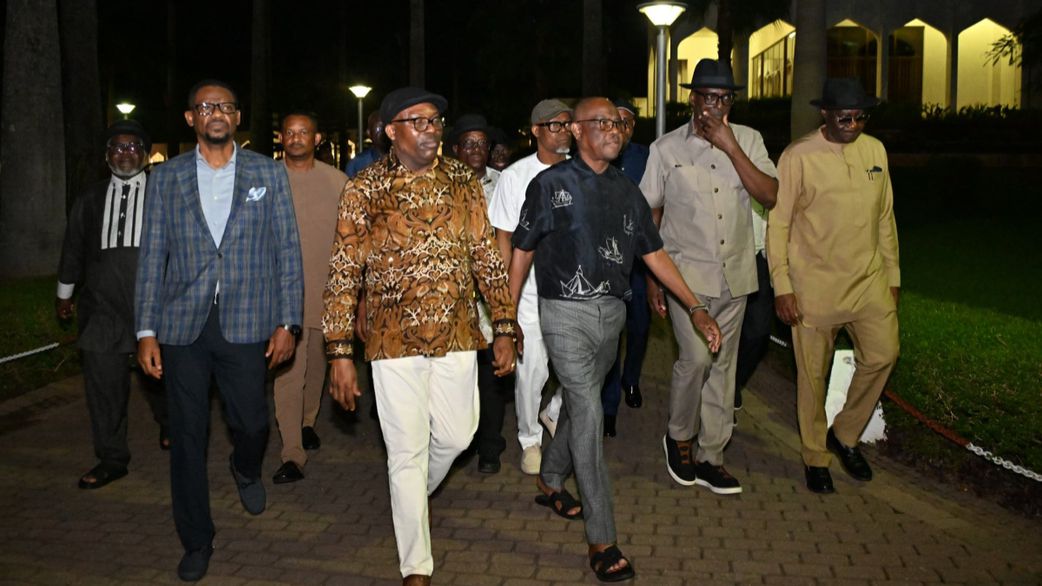 L-R: Rivers State House of Assembly, Martins Amaewhule, the suspended governor of Rivers State, Siminalayi Fubara, and FCT Minister, Nyesom Wike. [X, formerly Twitter/Bayo Onanuga]