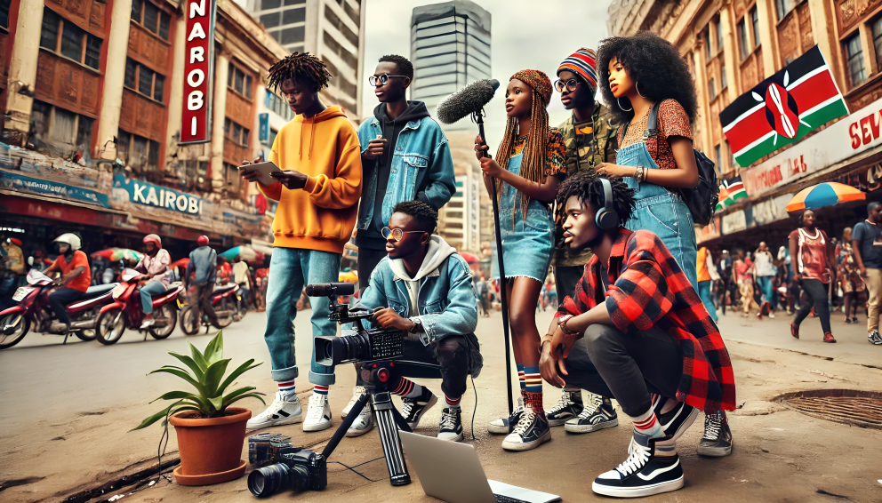 An AI-generated lively scene in downtown Nairobi where a group of young, energetic Kenyan content creators are producing a street-style vlog