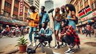 An AI-generated lively scene in downtown Nairobi where a group of young, energetic Kenyan content creators are producing a street-style vlog