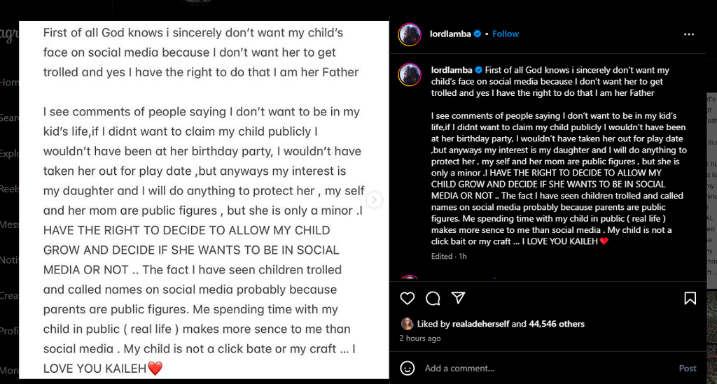 Lord Lamba explains why he did not post his daughter [Instagram/Lord Lambo]