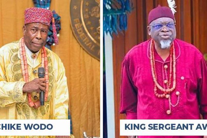 A combo of the newly appointed Chairman Eze Chike Wodo and the former Chairman Sergeant Awuse [Channels Television]