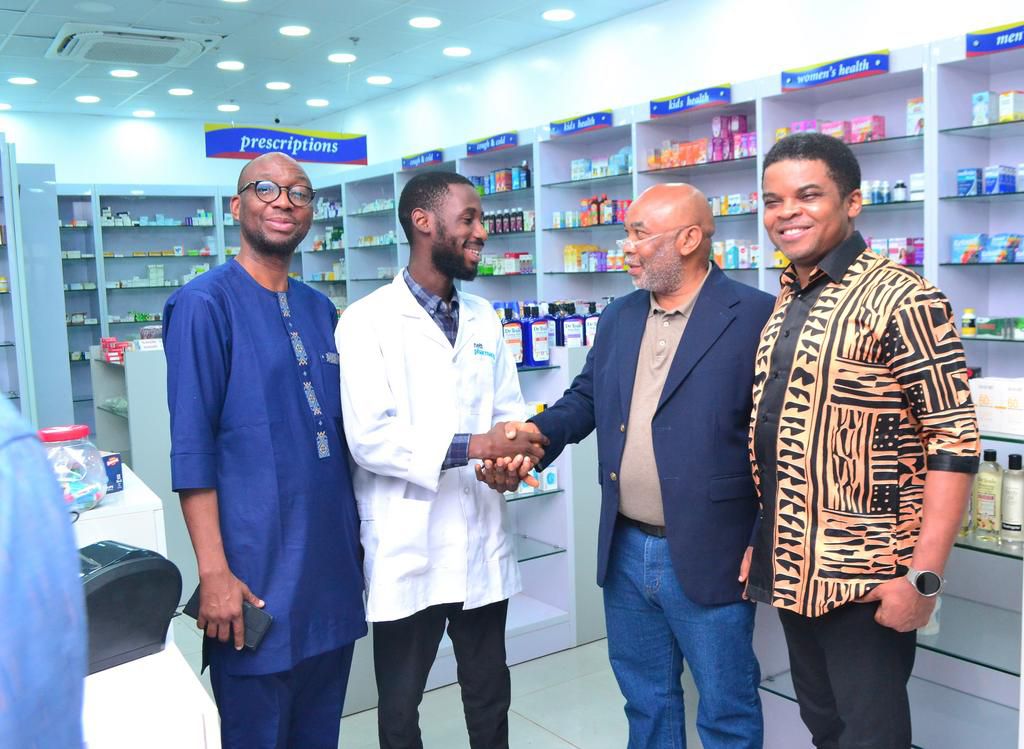 (L-R) Dr. Blessing Ayemhere, Partner Representative of Premier Retail Property Partners LLP Owners of Koka Junction Mall; Pharm Victor Obiakor, Manager Nett pharmacy; Engr Charles Odita, Chairman Premier Retail Property Partners LLP, Owners of Koka Jun...