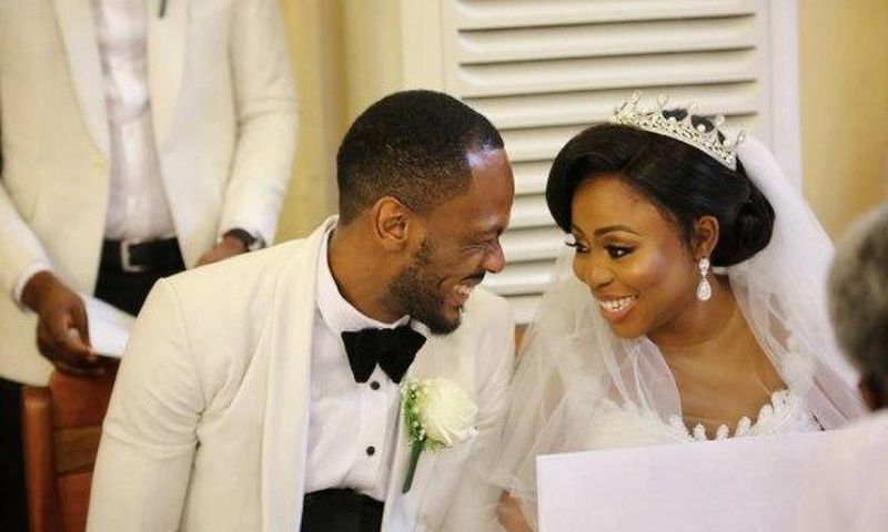 Toyosi and Daniel Etim Effiong share an excited smile at their wedding ceremony, November 4, 2017.