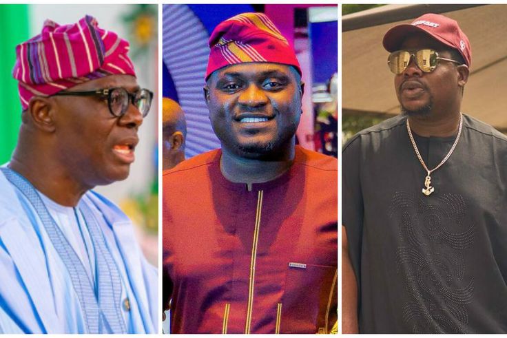 Gov Babajide Sanwo-Olu, his media aide, Wale Ajetunmobi and Mr Macaroni.