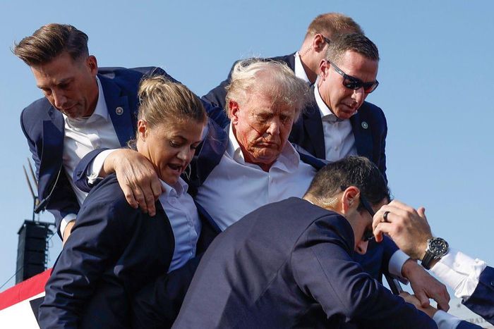Donald Trump gets helped off the stage by aides in Pennsylvania on July 13 after an assassination attempt.Anna Moneymaker/Getty Images