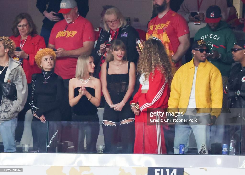 Ice Spice, Taylor Swift, Donna Kelce, Jason Kelce and Blake Lively at the Super Bowl  Pregame [Getty/Chrisopherpolk]