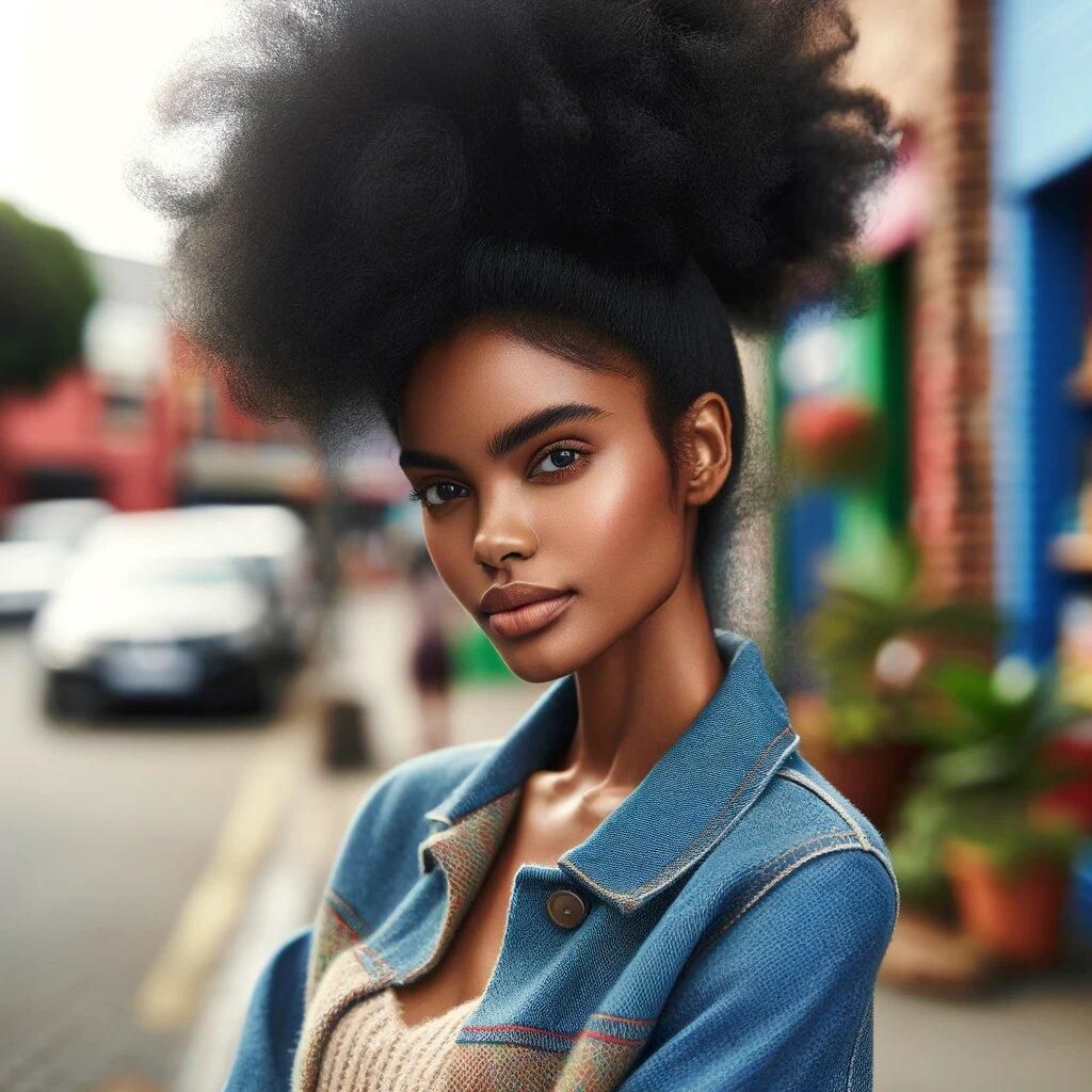 DALL·E 2024-05-08 124843 - An African woman with an Afro Puff hairstyle, showcasing her natural voluminous hair styled into a high puff The hairstyle accentuates the natural te
