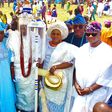 Middle: The monarch, Oba Olusola Idris Adebowale Lamidi-Osolo and his wife, Olori Taibat Osolo during the staff of office presentation ceremony. [Pulse]