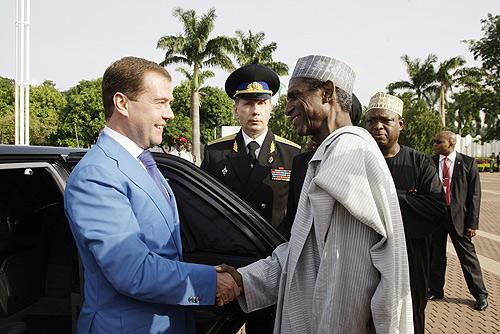 Dimitry Medvedev in Nigeria 24 June 2009 shaking hands with the then President of Nigeria, Umaru Musa Yar'Adua. [Times of Malta]