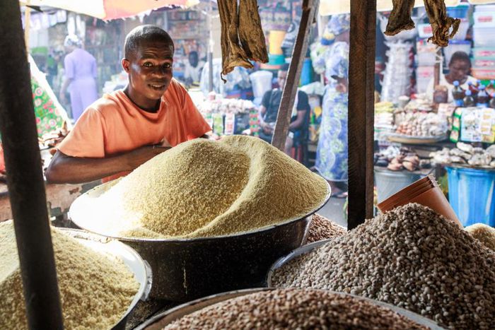 A trader waits for costumers while selling grains, legumes and flours in his stall at a market in the Obalende area of Lagos on December 18, 2023. [Getty Images]