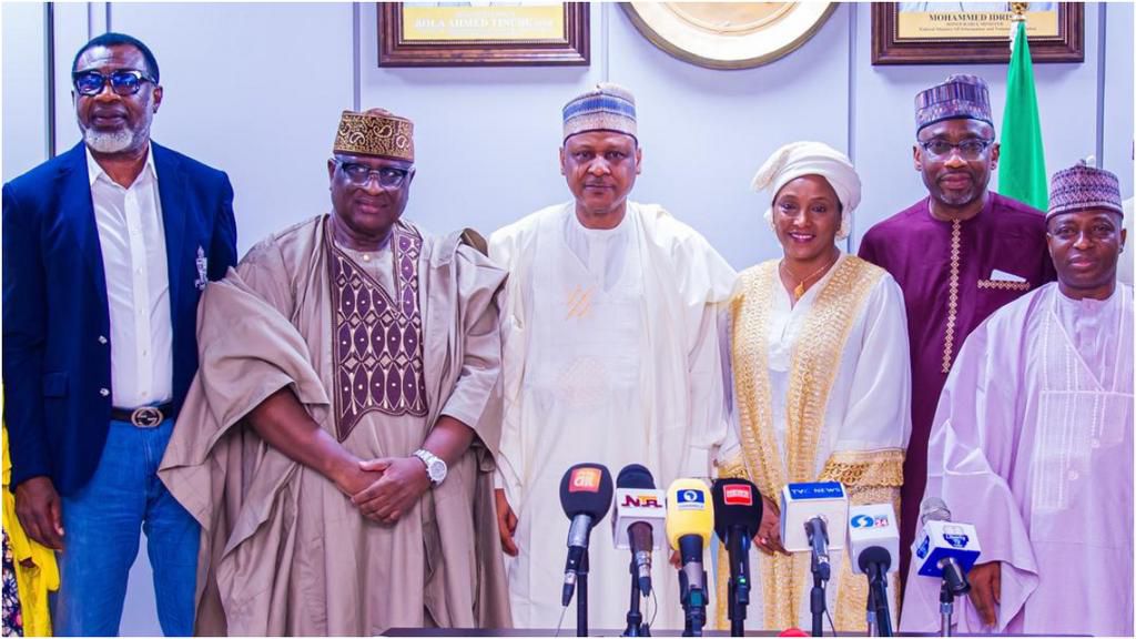 L-R: Chairman of Multimesh Communications, Sir Godfrey Ohuabunwa; Chairman of the Independent Broadcasting Organisation of Nigeria (IBAN), Alhaji Mohammed Tijjani Ramalan; Minister of Information and National Orientation, Alhaji Mohammed Idris; CEO of ...