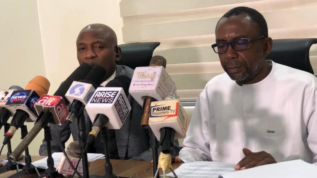 The plaintiffs, Bemgba Iortyom and Adebayo Ogorry at a press briefing in Abuja. [Original/Pulse]
