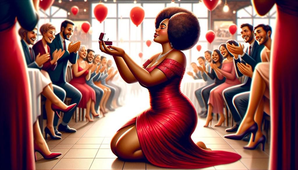 AI-generated image of an African woman, elegantly kneeling in a stylish dinner dress