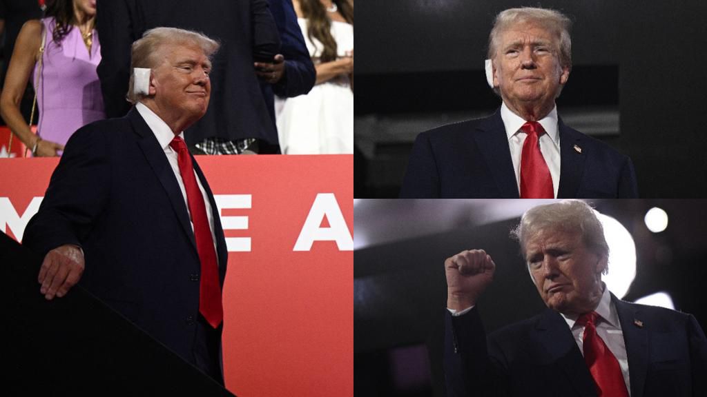 US former President and 2024 Republican presidential candidate Donald Trump, a bandage on his ear after being wounded in an assassination attempt, attends the first day of the 2024 Republican National Convention at the Fiserv Forum in Milwaukee, Wiscon...