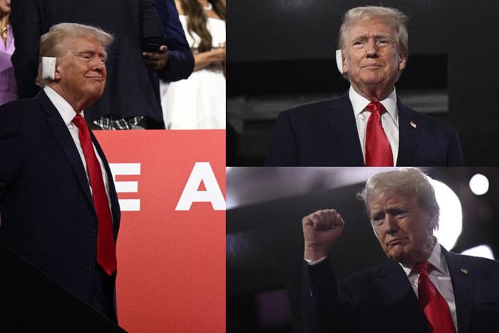 US former President and 2024 Republican presidential candidate Donald Trump, a bandage on his ear after being wounded in an assassination attempt, attends the first day of the 2024 Republican National Convention at the Fiserv Forum in Milwaukee, Wiscon...