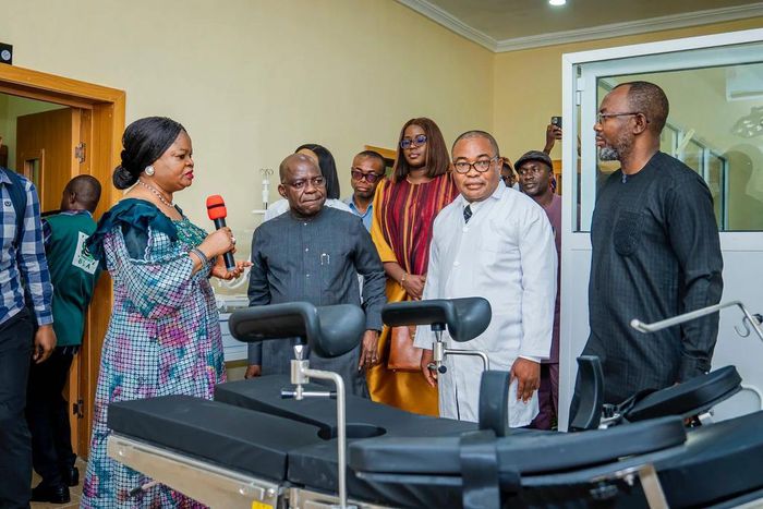 Senior Special Assistant to the President on SDGs,Mrs Adejoke Orelope-Adefulire, conducting Gov. Alex Otti of Abia round the Sustainable Development Multipurpose Hospital in Abia [NAN]