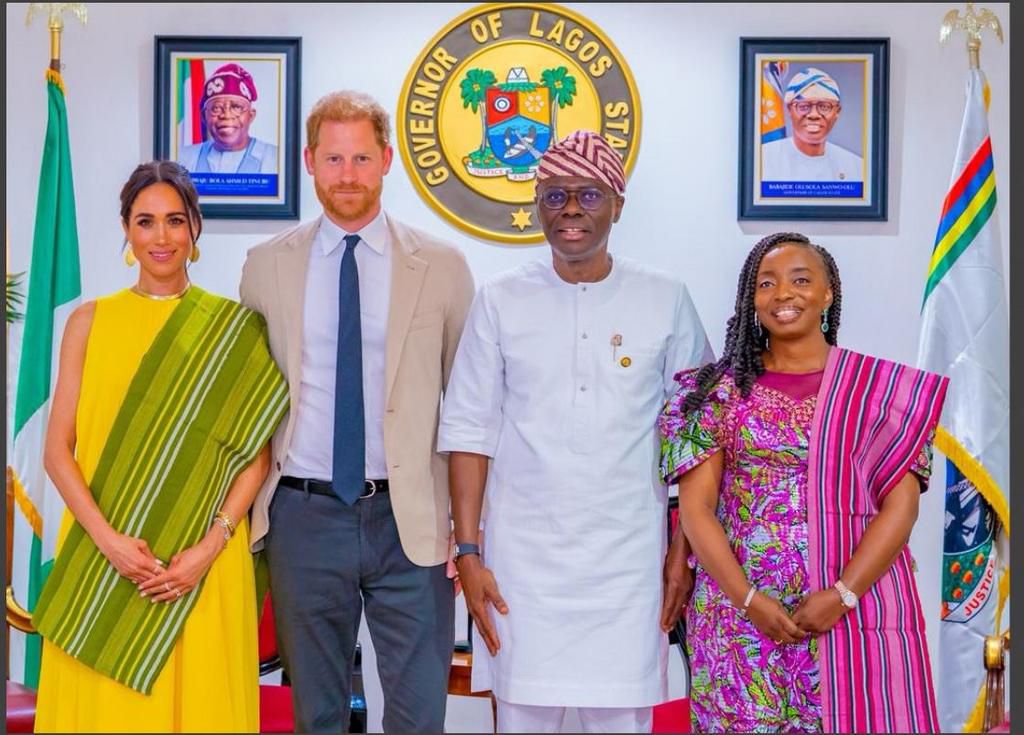 L-R: Duchess of Sussex, Meghan Markle; the Duke, Prince Harry; Governor of Lagos State, Babajide Sanwo-Olu and the First Lady, Dr. Ibijoke Sanwo-Olu during a courtesy visit by the Duke and Duchess at the Lagos House, Marina, on Sunday, May 12, 2024.