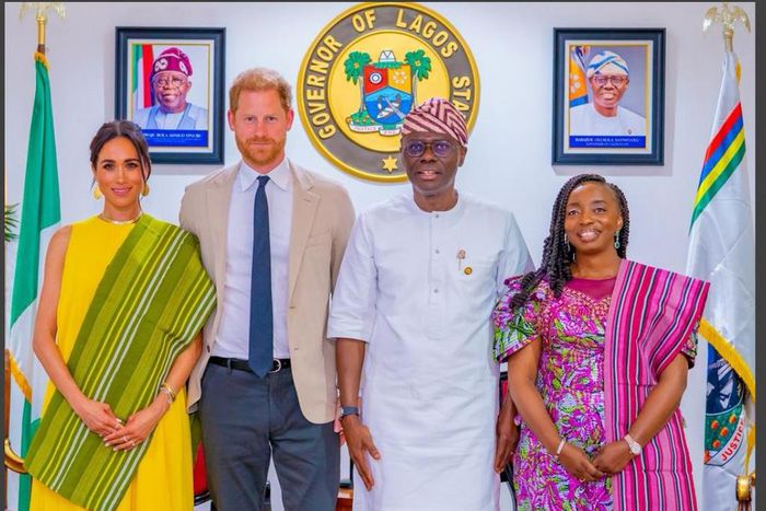 L-R: Duchess of Sussex, Meghan Markle; the Duke, Prince Harry; Governor of Lagos State, Babajide Sanwo-Olu and the First Lady, Dr. Ibijoke Sanwo-Olu during a courtesy visit by the Duke and Duchess at the Lagos House, Marina, on Sunday, May 12, 2024.