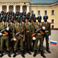 An AI image of a group of African students wearing Russian military uniforms, holding barrels of guns.