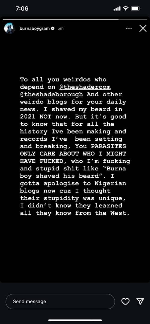 Burna Boy's post slamming the reports [Instagram/BurnaBoygram]