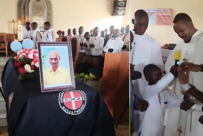 A collage image of the coffin bearing the remains of Martin Gitari and his fiancé having a wedding ring placed on her finger