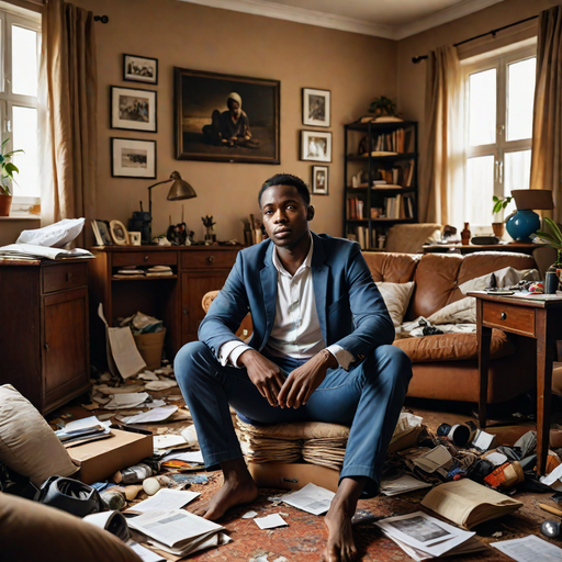 An AI-generated image of a man sited in an unkept house