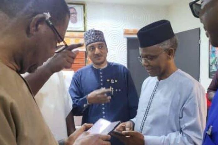 Middle: National Chairman of the Social Democratic Party (SDP), Shehu Musa Gabam and Mallam Nasir El-Rufai during the latter's visit to the SDP's secretariat. [Leadership]