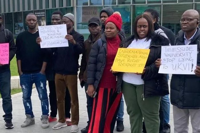 Teesside University Nigerian students protested on campus on Tuesday morning. [BBC]