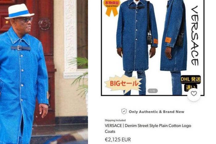 FCT Minister Nyesom Wike donning a €2,125 Versace denim street style plain cotton logo coats. [X, formerly Twitter]