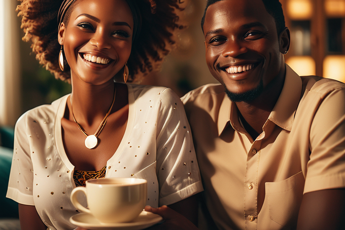 An AI-generated mage of happy African couple at home