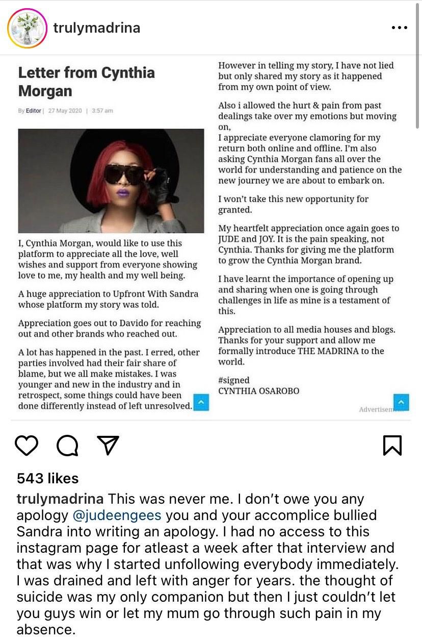 Cynthia Morgan reveals that she battled with suicidal thoughts [Instagram/Trulymadrina]