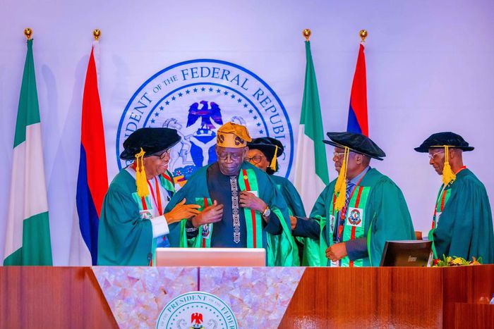 President Bola Tinubu receives the  President of the Nigerian Academy of Science and the fellows of the Academy at Aso Rock [Presidency]