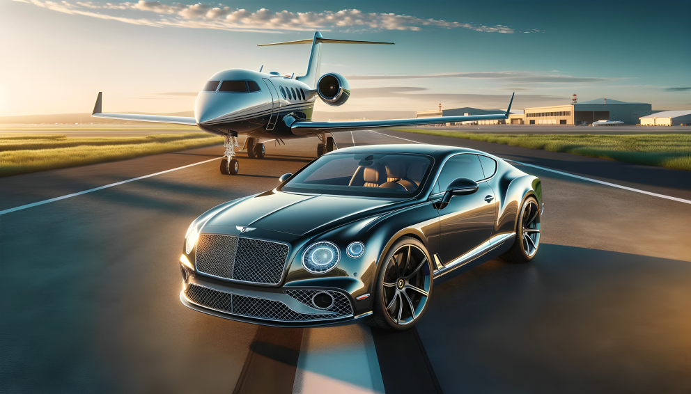 An illustration of a luxury Bentley car parked next to a private jet on a runway.