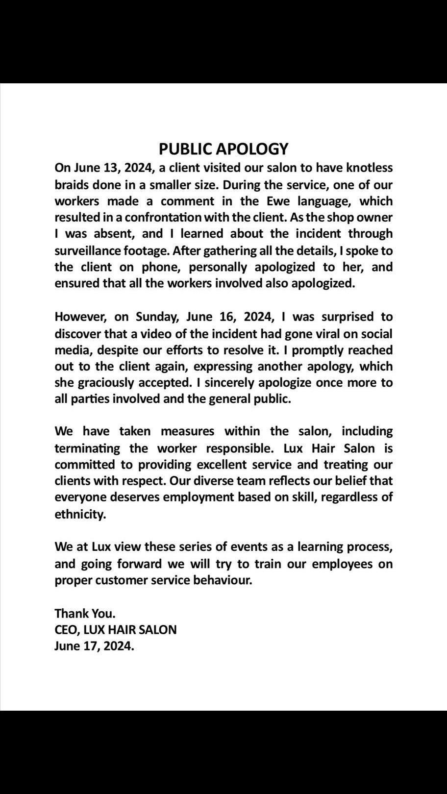 Full Statement from Lux hair