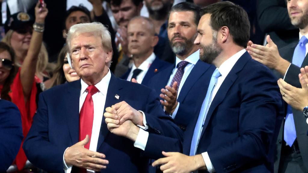 Former US President Donald Trump, left, and Senator JD Vance, a Republican from Ohio and Republican vice-presidential nominee, during the Republican National Convention (RNC) at the Fiserv Forum in Milwaukee, Wisconsin, US, on Monday, July 15, 2024.  [...