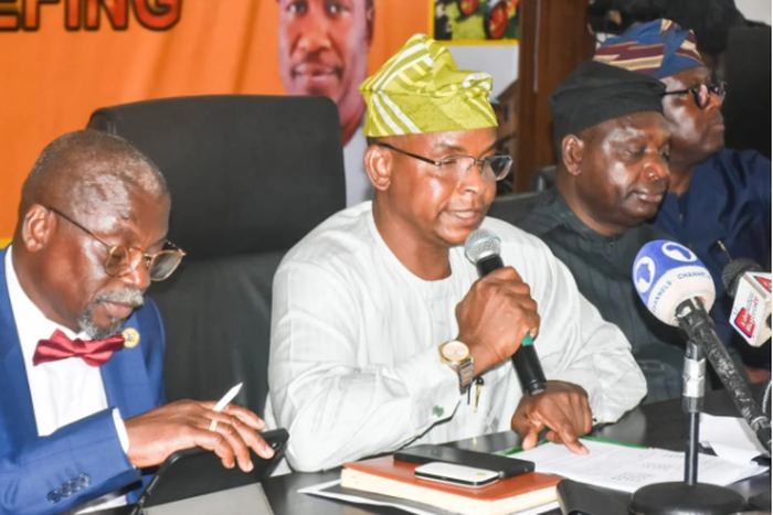 From left: Permanent Secretary, Basic & Secondary Education, Abayomi Abolaji; Commissioner for Basic Education, Jamiu Alli-Balogun and Commissioner for Information and Strategy, Gbenga Omotoso during the Lagos State Government 2024 Ministerial Press Br...