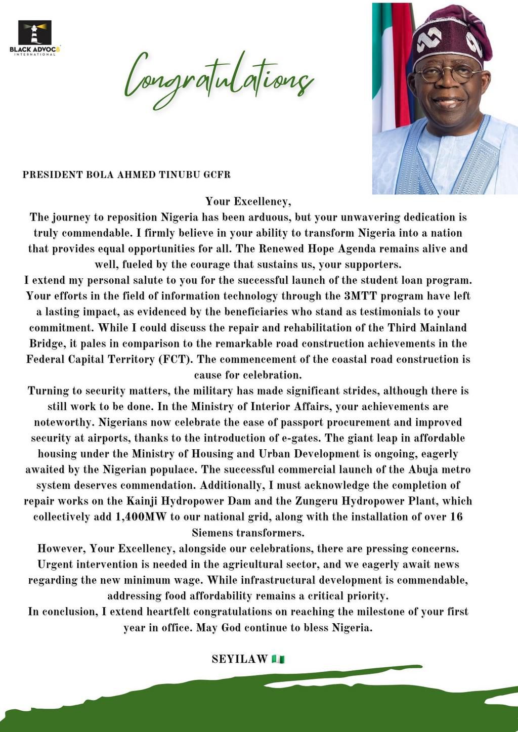 Seyi Law congratulates Tinubu on his first year as president [X/Seyi Law1]