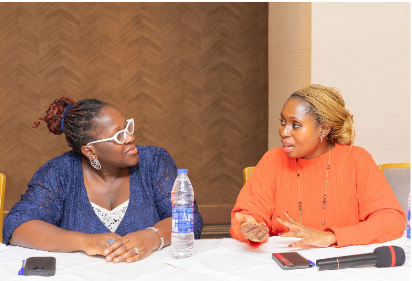 Former Chief Executive Officer of NGX Regulation Limited, Tinuade Awe (left), chatting with a guest (right) during Capital Club’s Annual African Women on Board Roundtable sponsored by The Macallan